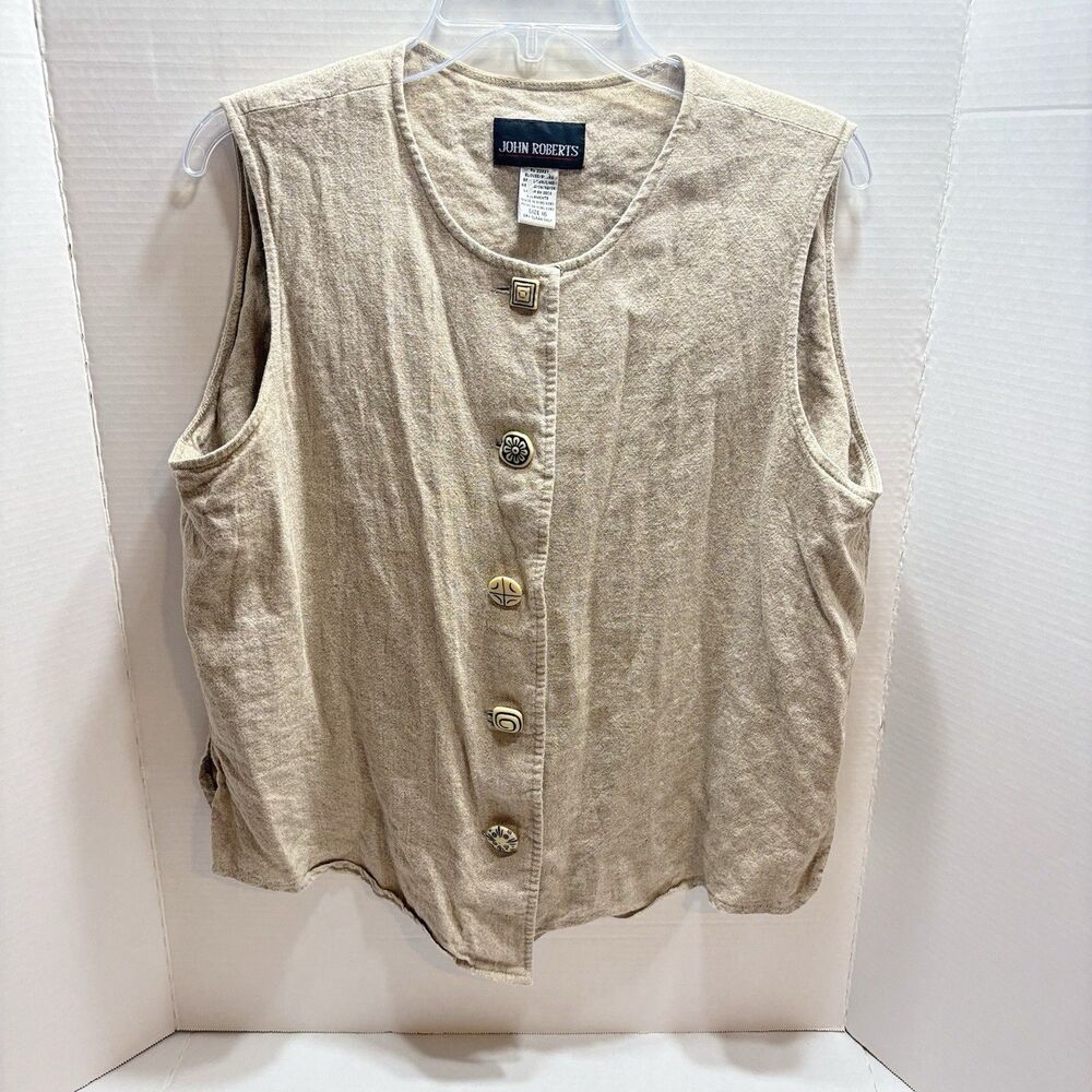 Vintage John Roberts Linen Blend Vest Beige Decorative Buttons Women Sz 16